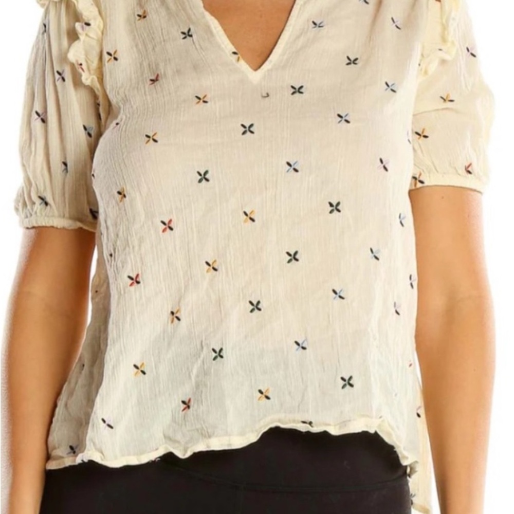 Madewell Cream Embroidered V-Neck Puff Sleeve Blouse